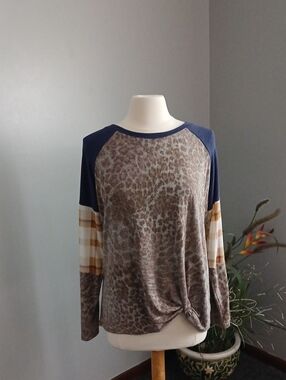 Maurices Navy Raglan Mixed-Media Leopard & Plaid Long Sleeve Top